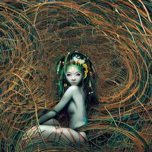 Image similar to deeper into the metaverse we go, piles of modular synth cables mixed with mangrove roots, two kawaii puerto rican goddesses laying down wearing a headpiece made of circuit boards, by cameron gray, wlop, stanley kubrick, masamune, hideki anno, jamie hewlett, unique perspective, trending on artstation, 3 d render, vivid
