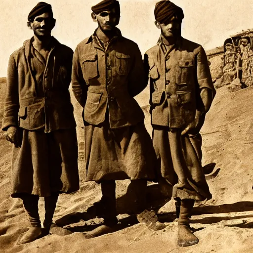 Image similar to ultra detailed photorealistic sepia - toned photo from 1 9 1 7, three clean - shaven british soldiers standing with two bedouin traders in traditional arab garb, at an archaeological dig site, ultra realistic, painted, intricate details, lovecraft, atmospheric, dark, horror, brooding, highly detailed, by clyde caldwell