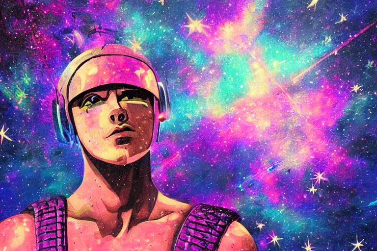 Image similar to digital art of a spiritual gladiator looking up at the stars, acrylic art, universe, painting, pastel colors, synthwave, retro, cyberpunk,