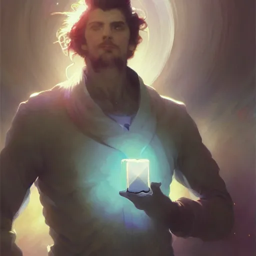 Image similar to A man drinking a cup of cosmic energy bright light, illustration by Ruan Jia and Mandy Jurgens and William-Adolphe Bouguereau, Artgerm, 4k, digital art, surreal, anime style, space dandy style, highly detailed, godsend, artstation, digital painting, concept art, smooth, sharp focus, illustration by Ruan Jia and Mandy Jurgens and William-Adolphe Bouguereau, Artgerm