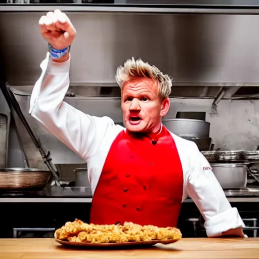 Image similar to gordon ramsay yelling at fried chicken for being raw