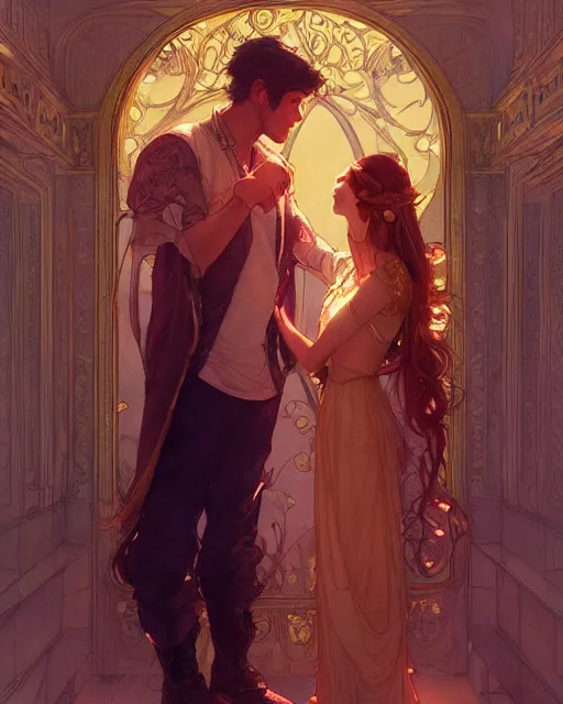 Image similar to secret romance, highly detailed, gold filigree, romantic storybook fantasy, soft cinematic lighting, award, disney concept art watercolor illustration by mandy jurgens and alphonse mucha and alena aenami, pastel color palette, featured on artstation