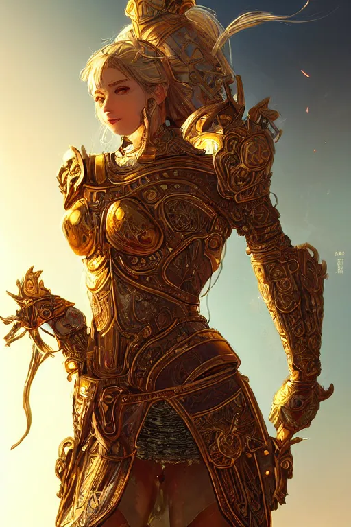 Image similar to portrait knights of zodiac girl, golden and copper shining armor, in ruined agora of athens sunrise, ssci - fi and fantasy, intricate and very very beautiful and elegant, highly detailed, digital painting, artstation, concept art, smooth and sharp focus, illustration, art by tian zi and wlop and z - - ed and ilya kuvshinov