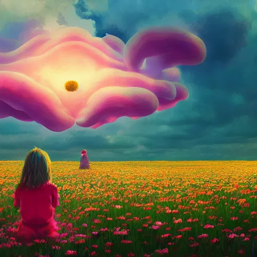 Image similar to giant daisy flower as head, girl sitting in a flower field, surreal photography, sunrise, dramatic light, impressionist painting, colorful clouds, digital painting, artstation, simon stalenhag