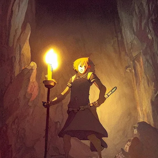 Prompt: an adventurer lights a torch in the depths of a dark dungeon, dramatic lighting, fluid, smooth, bright, colours, high contrast, sharpness, very detailed, intricate, by studio ghibli, mucha and studio disney and caravaggio