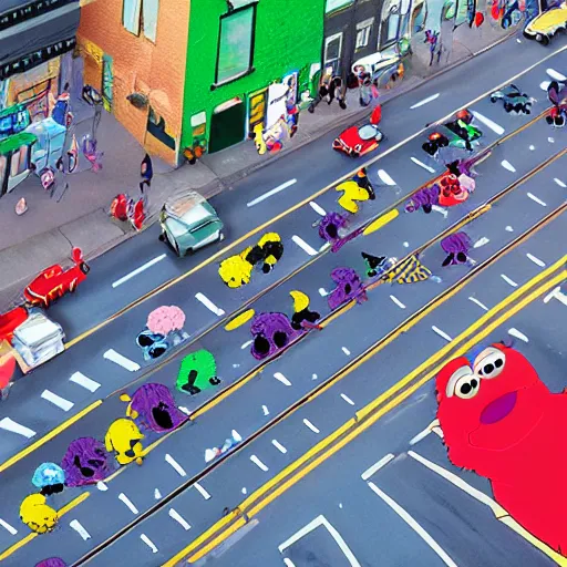 Prompt: drone shot of traffic on sesame street with muppets colorful cel shading, cookie monster, elmo, oscar the grouch