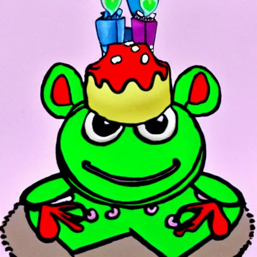 Prompt: a frog with a birthday cake, in the style of a cartoon