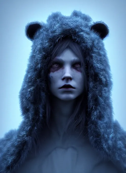 Prompt: character design, 2 0 - year - old dark fantasy druid, tattered bear hood, blue lightning, blue mist, fog, scary, photorealistic, cinematic, hyper realistic, octane render, 8 k, wide angle
