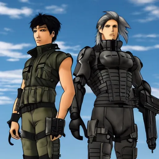 Image similar to Jetstream Sam from Metal Gear, he is standing next to Omori, Jetstream Sam and Omori standing next to each other