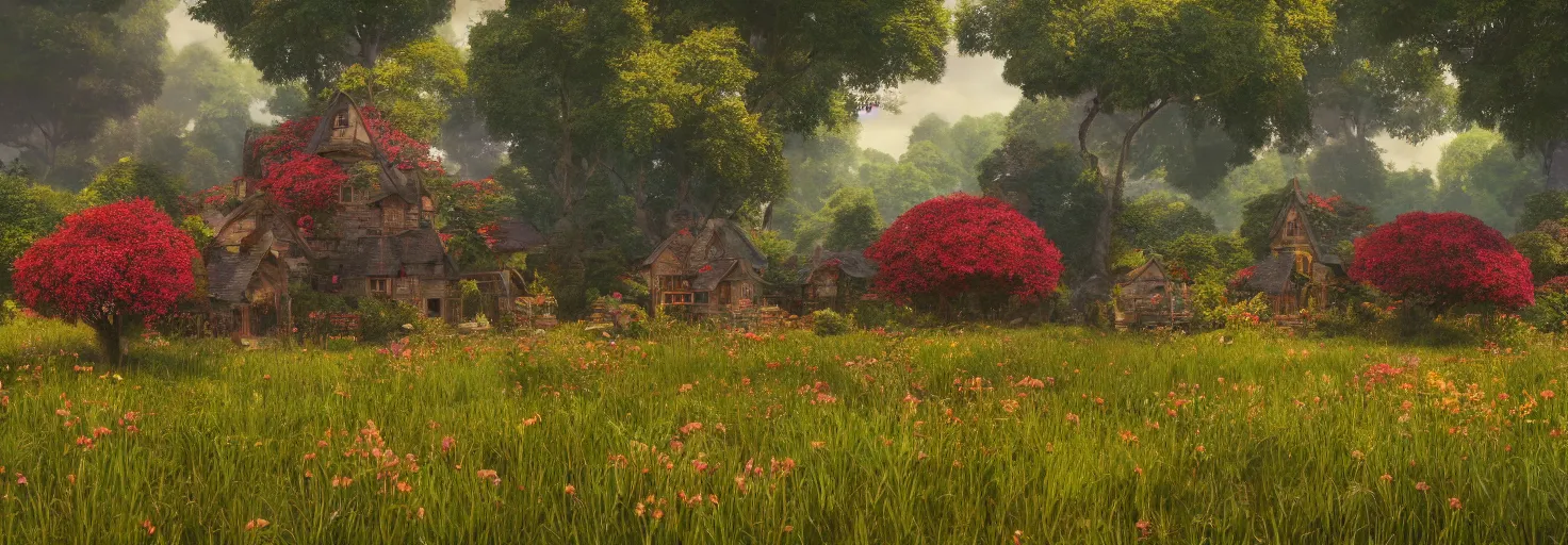 Image similar to large central crimson - black beehive in a beautiful forest meadow village landscape, flowers, happy trees, photorealistic, octane render, rtx, hdr, unreal engine, digital art widescreen 8 k, studio ghibli, bob ross, pixar, bee movie, disney