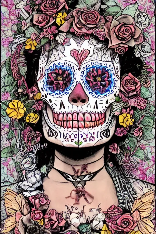 Image similar to illustration of a sugar skull day of the dead girl, art by katsuya terada