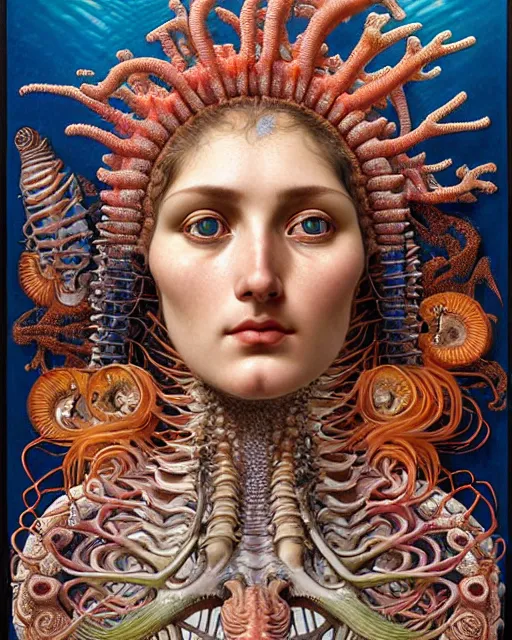 Image similar to hyperrealistic detailed face side portrait of the beautiful goddess of the fish skeletons with an intricate headgear of corals, sea kelp, sea plants, fish, starfish, jellyfish, art by ernst haeckel, john william godward, android jones, alphonso mucha, h. r. giger, gothic - cyberpunk, ornamental, beautiful deep colours,