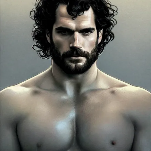 Image similar to Henry Cavill is a Greek god, gorgeous, amazing, muscular, intricate, elegant highly detailed, digital painting, artstation, concept art, sharp focus, illustration, art by artgerm, greg rutkowski, alphonse mucha