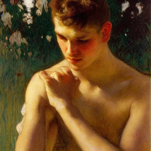 Prompt: young man head in hands against bright background, oil painting, gaston bussiere, mucha, gerome,