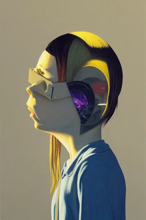 Image similar to Billie Eilish wearing oculus and bitcoin over his head Edward Hopper and James Gilleard, Zdzislaw Beksisnski, highly detailed