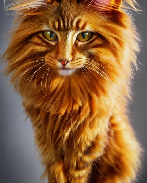 Prompt: beautiful maine coon as honey, made of honey, wearing honey - themed miniskirt, award winning creature portrait photography, extremely detailed, artstation, 8 k, sensual lighting, incredible art, wlop, artgerm, backlit, rim lighting, hi - fructose