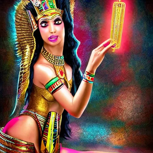 Prompt: fantasy egyptian goddess doing a magic trick, colorful, hyper realistic
