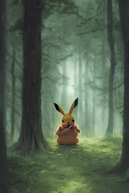 Image similar to Pikachu in the forest, horror, illustrated by Greg Rutkowski and Caspar David Friedrich, Trending on artstation, artstationHD, artstationHQ