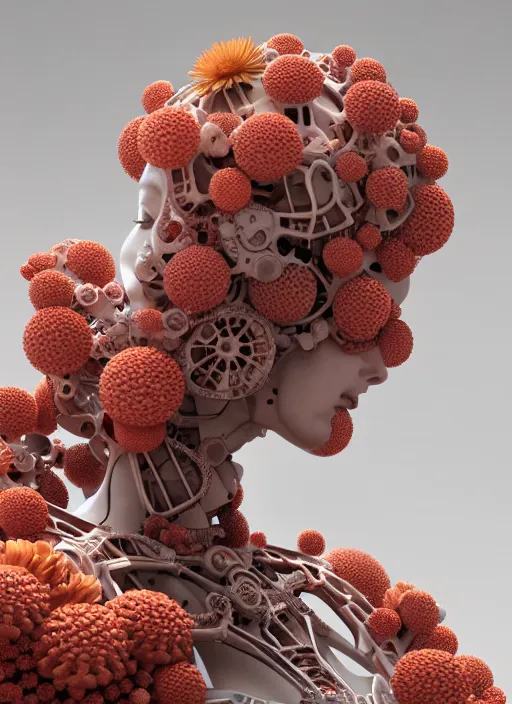 Prompt: portrait of an absurdly beautiful marble statue made of biomechanical corals, daisies, well contoured smooth fair walls, carrying a bottle of perfume, up close shot, sharp focus, global illumination, radiant light, alexandre ferra white mecha, irakli nadar, octane highly render, 4 k, ultra hd,