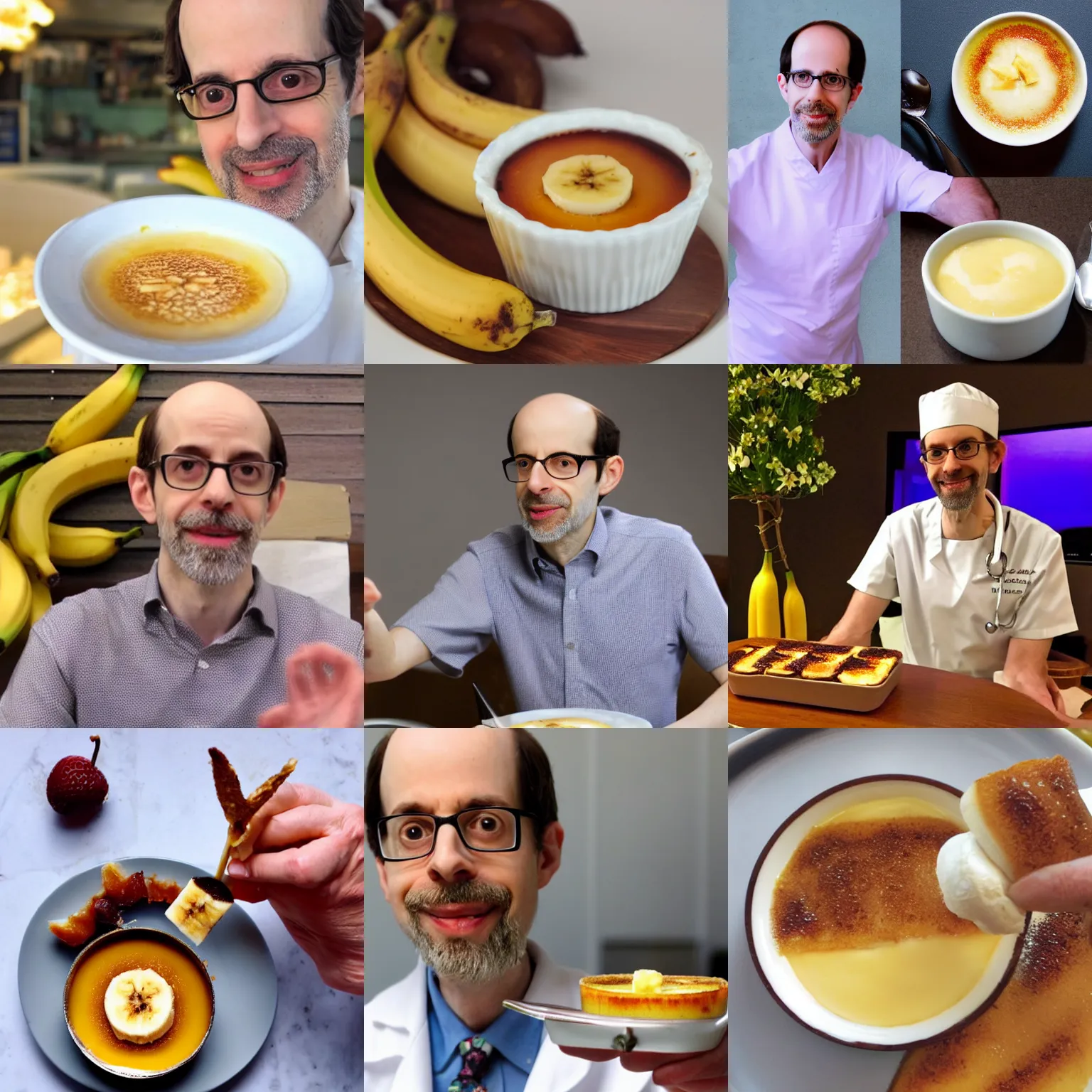 Prompt: dr michael greger endorsing creme brulee with banana slice on top, how not to die, dr greger