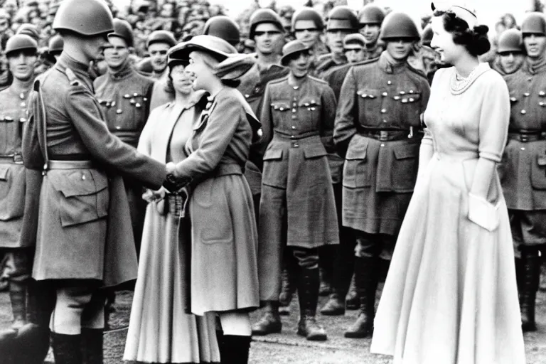 Prompt: ultra wide 1 9 4 6 historical far away photo of young queen elizabeth accepting the surrender of the german army, her corgis are nearby highly detailed