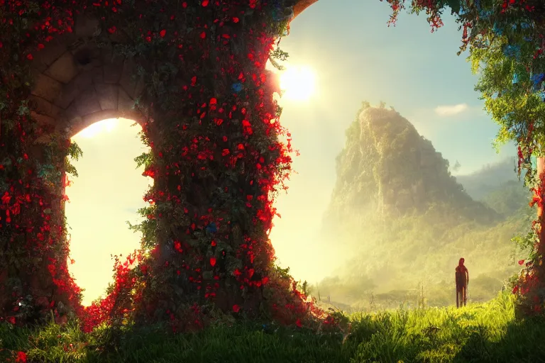 Prompt: broken arches leading to the pillars of eternity draped with red flowers and vines, blue sky, lens flare, a sense of mystery, cinematic, ultra detailed, intricate, sharp focus, trending on artstation, film still by Pixar, 8K