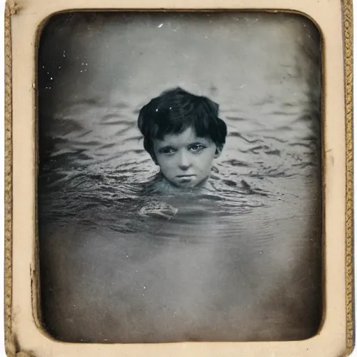 Image similar to tintype photo, swimming deep underwater, kid with huge centipedes