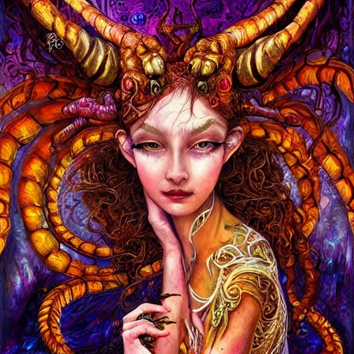 Image similar to portrait of a scorpion fairy, fantasy, whimsical, horror, art by josephine wall and and hr geiger and chengwei pan, intricately detailed, highly detailed, luxurious, elegant, clean, unsettling, trending on artstation