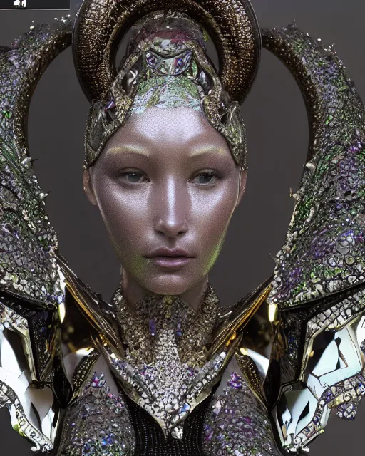 Image similar to a highly detailed metahuman 4 k close up render of an alien goddess bella hadid monument in iris van herpen armor schiaparelli in diamonds crystals swarovski and jewelry iridescent in style of alphonse mucha gustav klimt trending on artstation made in unreal engine 4