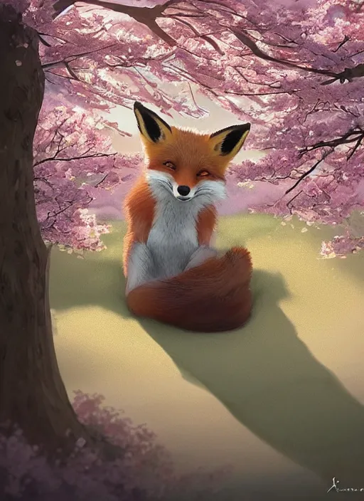 Image similar to a fox sitting curled up under a Sakura tree, subtle colors. Digital illustration, soft lighting, atmospheric lighting, 8K, octane render. By Makoto Shinkai, Stanley Artgerm Lau, WLOP, Rossdraws, James Jean, Andrei Riabovitchev, Marc Simonetti, krenz cushart, Sakimichan, D&D trending on ArtStation, digital art.