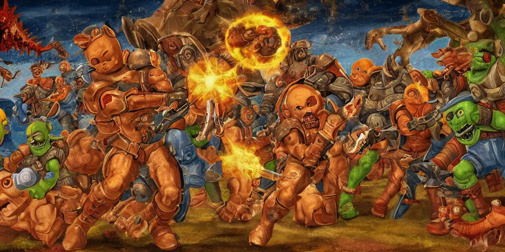 Image similar to Medieval fresco of the Doom Slayer from Doom Eternal fighting and shooting a hord of Teletubbies in hell, 4k, painted in 1530