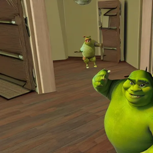 Image similar to shrek creeping into room, pov from bed