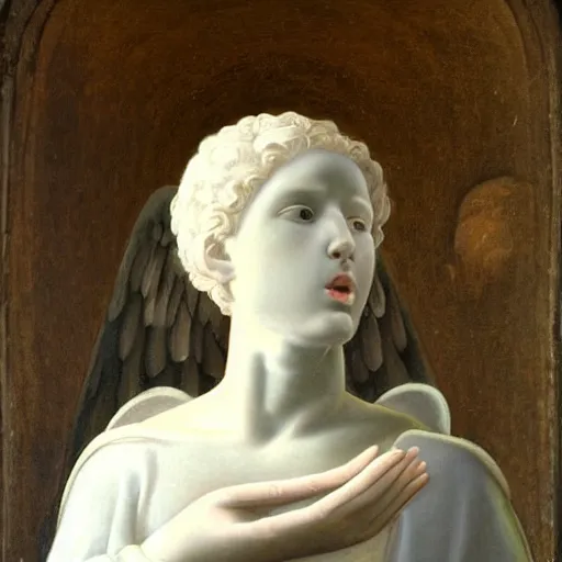 Image similar to renaissance painting portrait of white angel with clean narrow face like noface, 3 / 4, miracle light coming up from the head!!!!!! up and up!!!!!!, misty space, grace and blessing, by gucci maze, christianity, marble stone, glow effect, white background