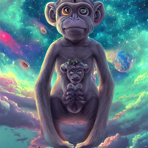 Prompt: giant energy monkey in space, digital, artstation, detailed intricate ink illustration, heavenly atmosphere, digital art, overdetailed art, concept art, complementing colors, trending on artstation, cgstudio, the most beautiful image ever created, dramatic, subtle, details, award winning artwork, beautiful scenery
