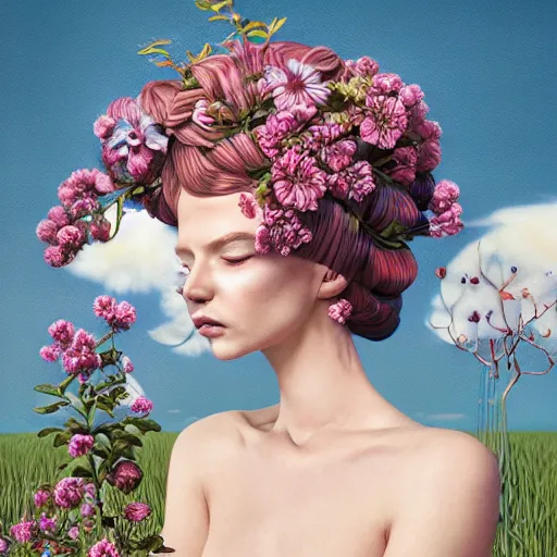 Image similar to pretty model with orchards and clouds : : by martine johanna and simon stalenhag and chie yoshii and casey weldon and wlop : : ornate, dynamic, particulate, rich colors, intricate, elegant, highly detailed, vogue, harper's bazaar art, fashion magazine, smooth, sharp focus, 8 k, octane render