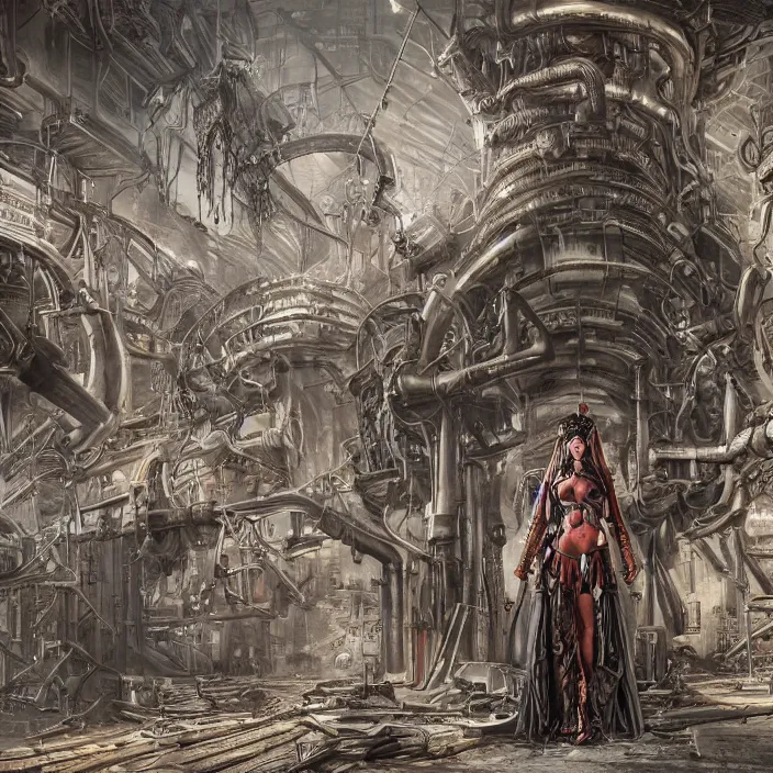 Image similar to apocalyptic woman in hood standing in hall of machinery and weaponry, hyper - detailed, smooth, sharp focus, 4 k ultra hd, fantasy dark art