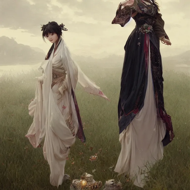 Prompt: portrait of a beautiful seductive slightly plump european girl wearing hanfu walking on water, farm background, fantasy, d & d, dark eyeliner, intricate, elegant, highly detailed, digital painting, artstation, concept art, matte, sharp focus, illustration, art by greg rutkowski and alphonse mucha