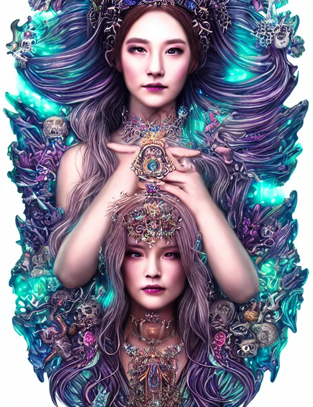 Image similar to goddess portrait by jessica oyhenart in crown made of skull, bioluminiscent, plasma, ice, water, wind, whimmy, super intricate ornaments artwork by 翼 次 方 cg