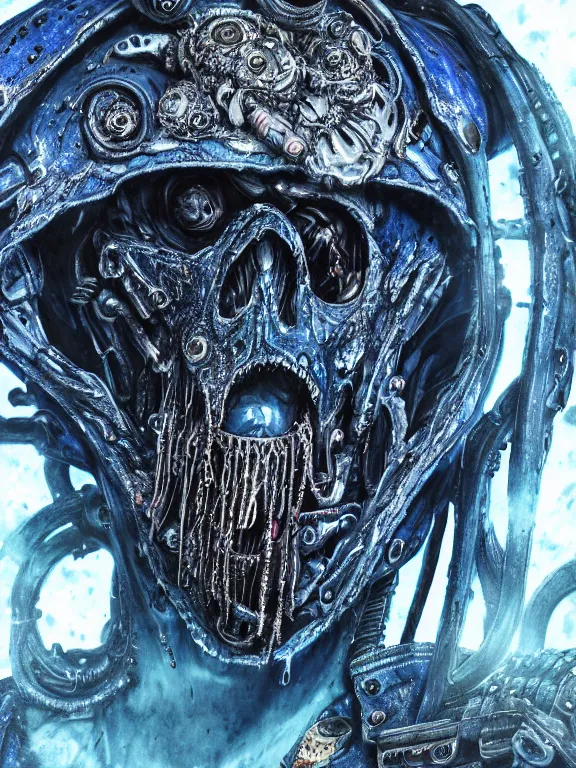 Image similar to portrait art of 8k ultra realistic undead eldritch horror space marine blue , detailed intricate ornate armour,decaying, cybernetic, full of colour, cinematic lighting, battered, trending on artstation, 4k, hyperrealistic, focused, extreme details,unreal engine 5, cinematic, masterpiece, art by ayami kojima, giger