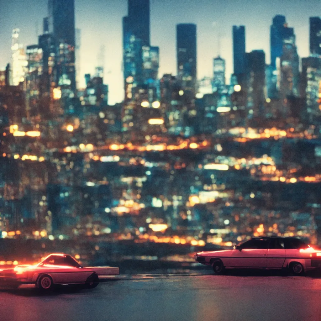 Image similar to 8 0 s neon movie still, portrait of a single car by the river with city in background, medium format color photography, blurred background, movie directed by kar wai wong, hyperrealistic, photorealistic, high definition, highly detailed, tehnicolor, anamorphic lens