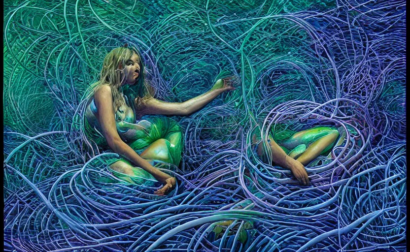 Image similar to a person trapped in the fetal position inside of extremely thick iridescent vines intertwined, central circular composition, high saturation, epic lighting, in the style of Peter gric and Amanda Sage 8k