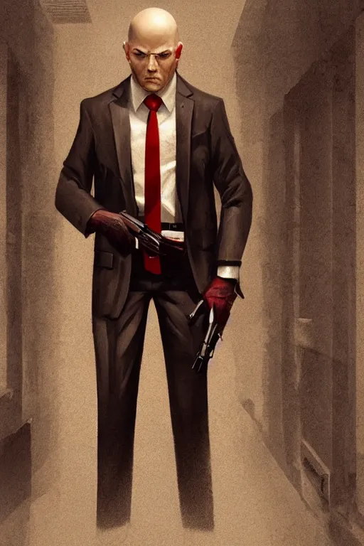 Image similar to an expressive full body portrait of agent 4 7 from hitman in a hallway full of guns, dark background, red rim light, digital art, artstation, concept art by giger stalenhag