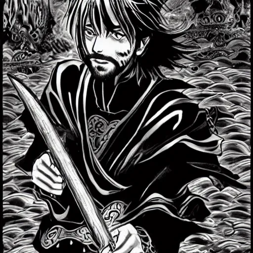 Prompt: pen and ink!!!! attractive 22 year old monochrome!!!! Ringo Starr highly detailed manga Vagabond!!!! telepathic floating magic swordsman!!!! glides through a beautiful!!!!!!! battlefield magic the gathering dramatic esoteric!!!!!! pen and ink!!!!! illustrated in high detail!!!!!!!! graphic novel!!!!!!!!! by Gustav Klimt and Hiroya Oku!!!!!!!!! MTG!!! award winning!!!! full closeup portrait!!!!! action manga panel