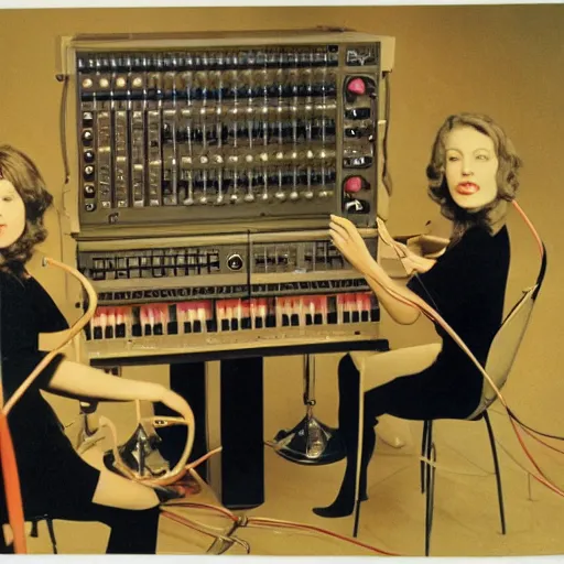 Prompt: women recording synthesiser music surrealism