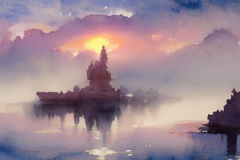 Image similar to small centered on watercolor paper, paint brush strokes, abstract watercolor painting of foggy dawn, ancient indian arcs palace, cinematic light, national romanticism by hans dahl, by jesper ejsing, by anders zorn, by greg rutkowski, by greg manchess, by tyler edlin