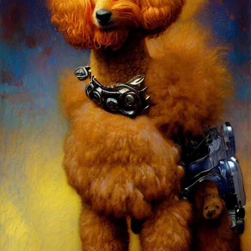 Prompt: portrait of a male furry poodle dog in jeans. shadowrun furaffiniy cyberpunk fantasy highly detailed painting by gaston bussiere craig mullins jc leyendecker gustav klimt artgerm greg rutkowski john berkey, bergey, craig mullins, ruan jia, raymond swanland, jeremy mann, tom lovell, alex malveda