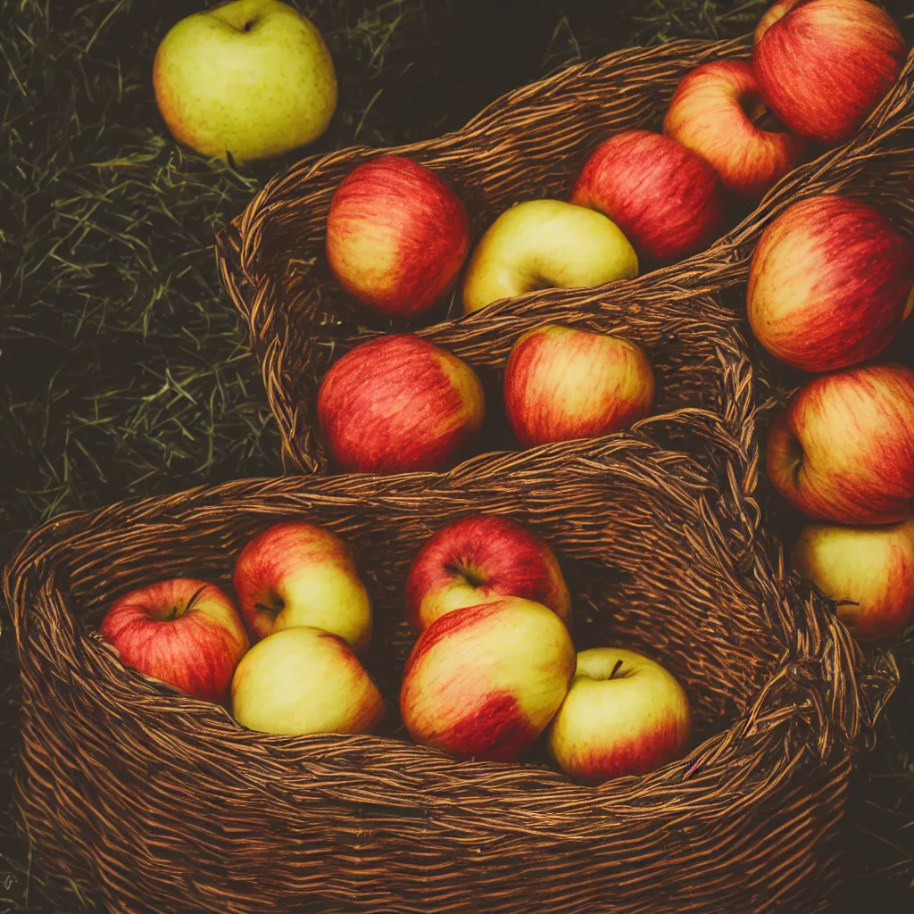 Prompt: a wicker basket containing apples with leafs, bokeh, ultra realistic, photorealistic, photography, f / 2. 8, moody lighting