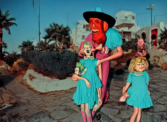 Image similar to dramatic color photo of dadcore occult wizards and momcore witches on vacation in ibiza by basil wolverton by robert crumb by william eggleston by annie leibovitz by chet zar, detailed and creepy, fujifilm velvia 5 0, color photography, sigma 2 8 mm