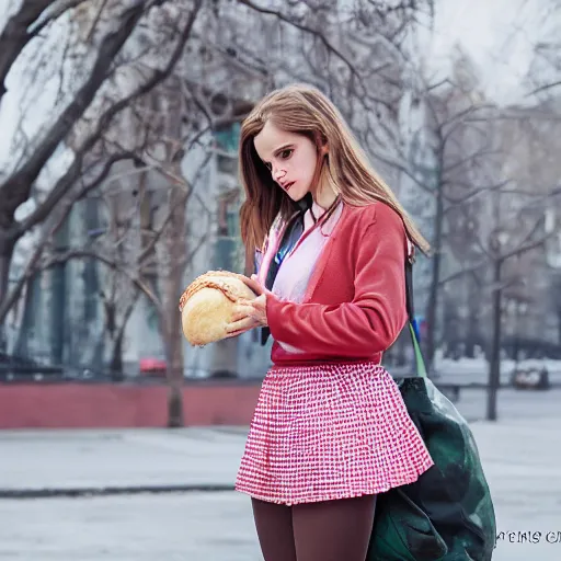 Image similar to photo of cute emma watson as schoolgirl, holding mesh bag with bagels, street of moscow, shallow depth of field, cinematic, 8 0 mm, f 1. 8