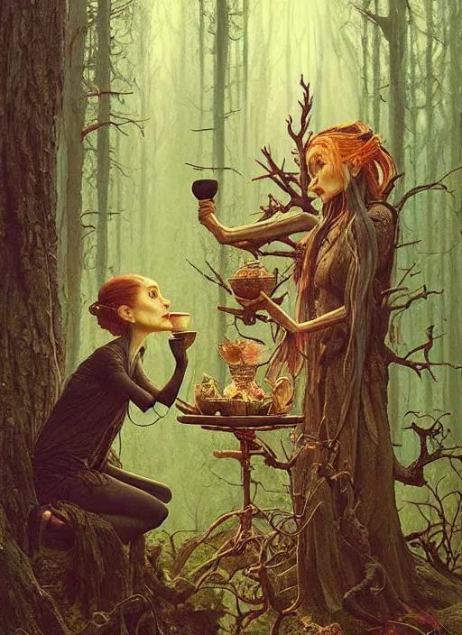 Prompt: witch having tea at a shrine in the woods gorgeous lighting, lush forest foliage a hyper realistic painting by chiara bautista and beksinski and norman rockwell and greg rutkowski weta studio, and lucasfilm